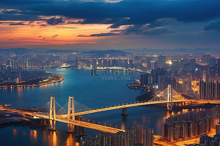 天空流云背景图片_首尔天际线城市桥梁河流云天空和海滩