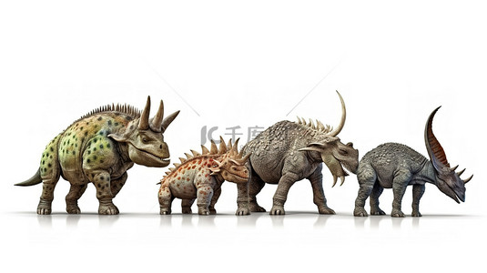 白色背景上一群 einiosaurus 的 3d 插图