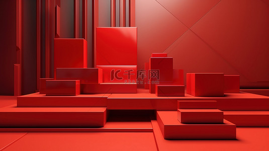红色几何背景背景图片_在带有红色几何平台的现代 3D 渲染工作室中进行产品展示