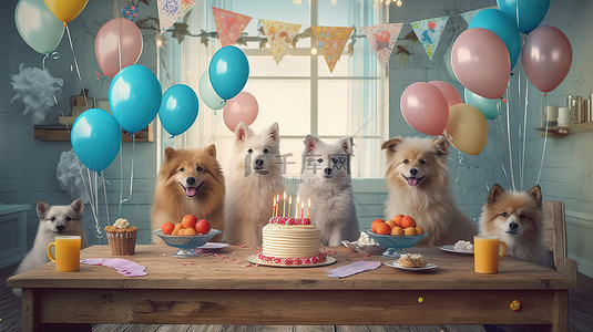 可爱宠物背景背景图片_狗庆祝生日的 3D 渲染