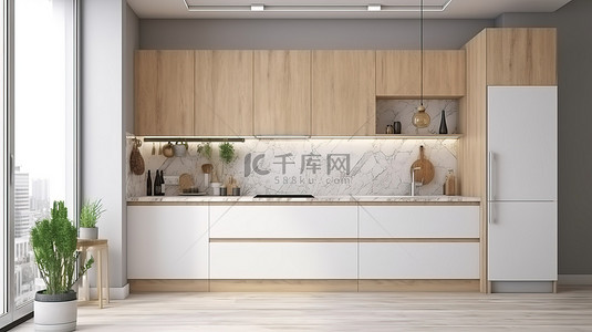 整体家居背景图片_带木柜的白色整体厨房的家庭室内插图 3D 渲染