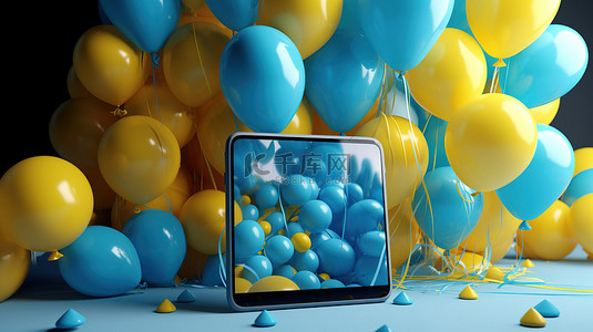 虚拟庆祝 3D 电话和蓝色和黄色气球花束，用于在线生日派对