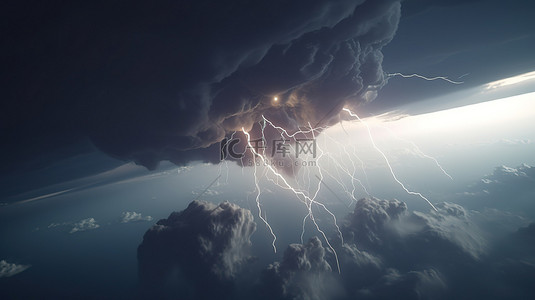 天气闪电背景图片_航行在动荡的天空中闪电照亮的暴风云的 3D 插图