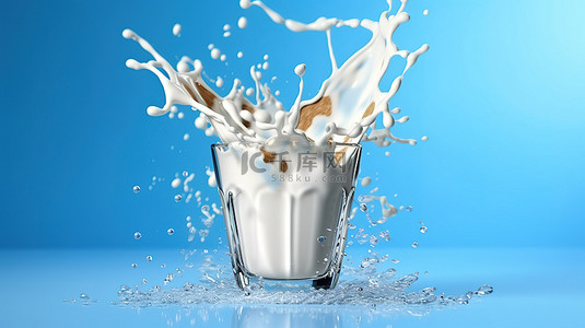 健康牛奶背景图片_蓝色背景上牛奶溅入玻璃杯中的 3D 插图，带有隔离
