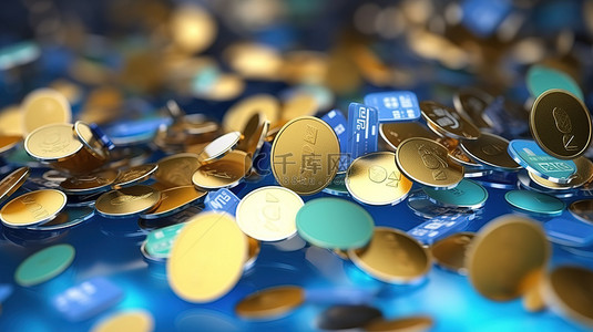 无现金背景图片_无现金经济借记卡硬币和浮动现金的 3D 渲染插图