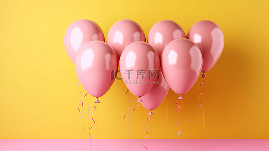 3D 插图中，充满活力的粉红色气球簇拥在黄墙背景水平横幅上