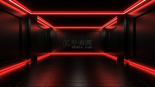 带红色 LED 照明的当代空房间的 3D 渲染