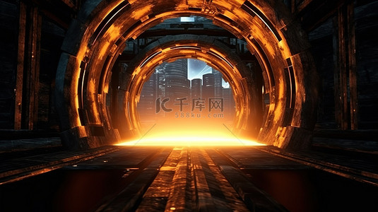 综合门户背景图片_具有抽象科幻能量隧道和外星洞穴的未来门户的 3D 渲染