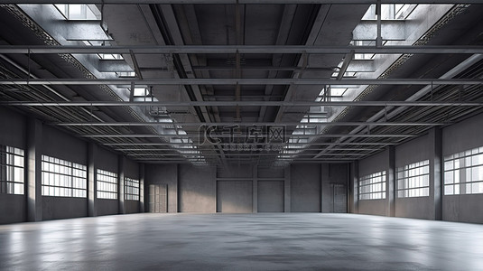 空工厂背景图片_金属梁突出了工厂 3D 渲染中的天花板