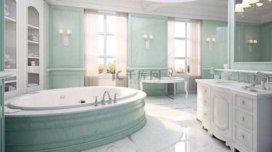 经典设计的豪华浴室配有按摩浴缸淋浴和家具 3D 渲染