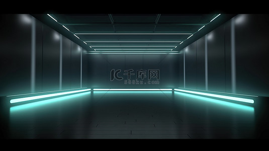 深灰色舞台室的 3D 渲染，墙壁上有照明 LED 灯和复制空间