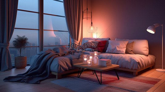 夜间客厅背景图片_创建一个舒适的空间 3D 渲染一个小房间，配有沙发夜间氛围和温暖的灯光