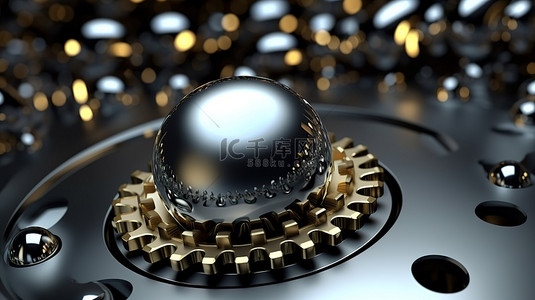 几何齿轮背景图片_3D 渲染中带有金属球和抽象形状的时尚齿轮