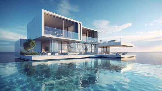 海滨生活背景图片_现代住宅，配有 3D 渲染的海滨无边泳池