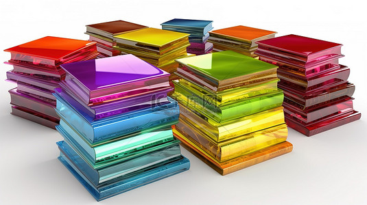 图书馆的书背景图片_纯白色表面上以 3D 形式显示的一堆不同颜色的书
