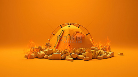 橙色背景下的 3D 渲染单色篝火