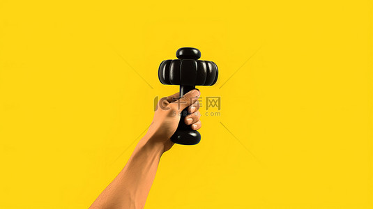 黄色背景的 3D 渲染插图，卡通手握着黑色哑铃