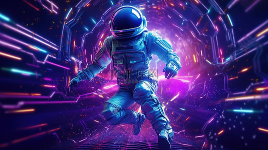 Retrowave 概念 3D 插图一名宇航员在霓虹灯照亮的风景中奔跑，伴随着音乐和闪烁的灯光
