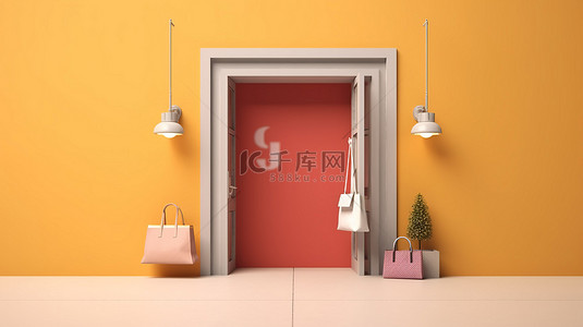 便利店门头设计背景图片_带有简约概念店门和空复制空间的开放标志和购物袋的 3D 插图