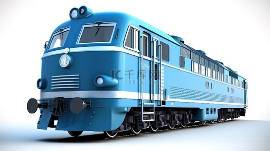强大的蓝色柴油机车的 3D 渲染，具有非凡的动力和能力，可以在铁路上牵引重型火车