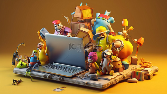 3D 插图业务启动和团队合作概念与在笔记本电脑上工作的卡通人物