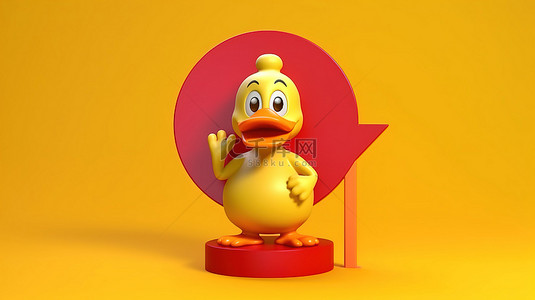 黄色背景上带有红色禁止标志的迷人黄色卡通鸭吉祥物的 3D 渲染