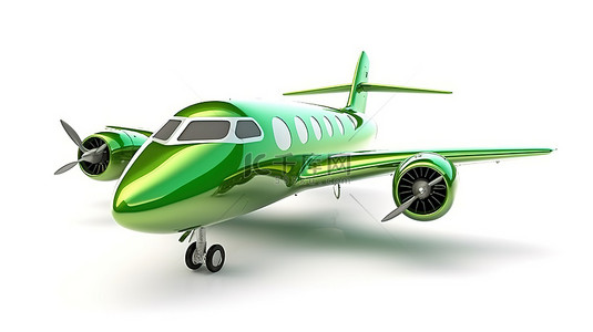 孤立的 3D 绿色飞机在 3D 渲染的白色背景上翱翔