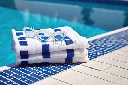 夏天游泳池里的蓝色和白色毛巾