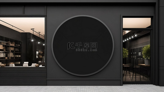 白色模型大楼背景图片_孤立的白色背景 3d 渲染空白圆形模型，带有店面的黑色标牌