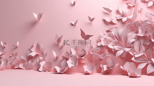 情人节项目引人注目的粉红色纸花 3D 渲染，在壁纸图案中飞行