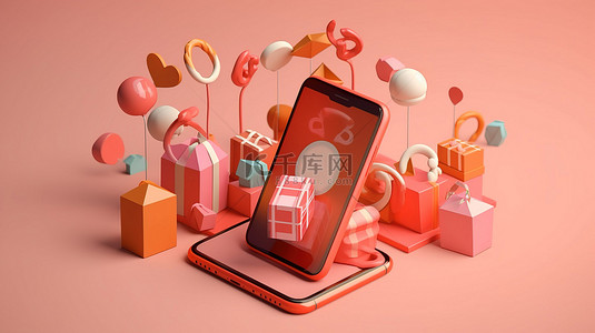 促销图标背景图片_以电子商务智能手机购物和促销图标为特色的在线购物应用程序的 3D 插图