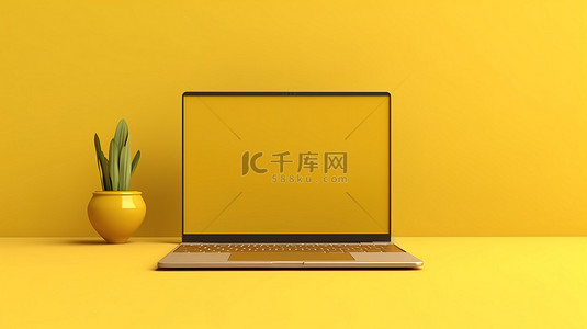 黄色广告字背景图片_使用笔记本电脑和复制空间对黄色背景进行简约 3D 渲染
