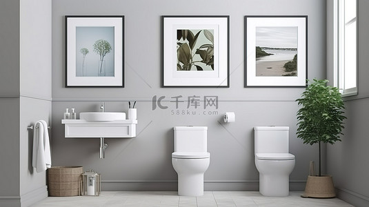 墙相框背景图片_主浴室 3D 模型，配有壁橱坐浴盆和空相框