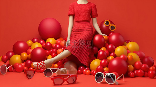 充满活力的彩色球体环绕连衣裙裤子运动衫帽子钱包高跟鞋和太阳镜 3D 渲染