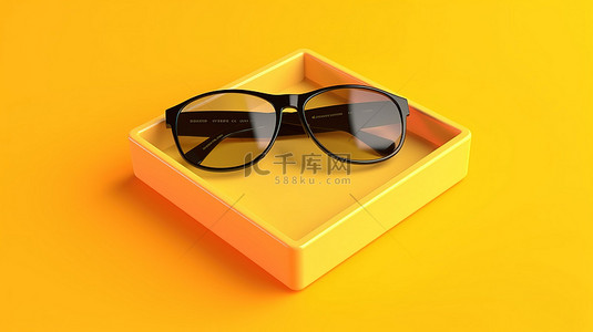 带盒子和黄色背景 3D 眼镜的 CD 的顶视图