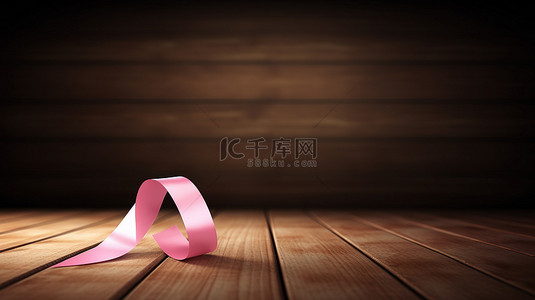 意识丝带背景图片_用 3D 技术创建的木质表面上象征乳腺癌意识的粉红丝带