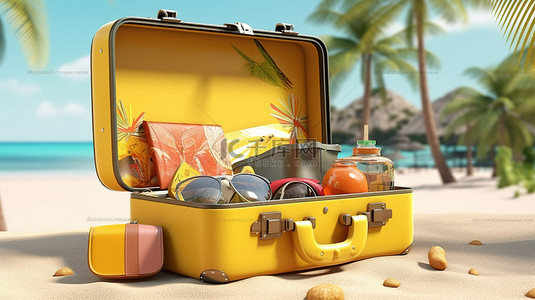 3D 渲染一个黄色手提箱，里面装满了夏季海滩旅行和旅游必需品