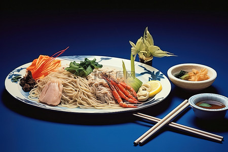 日本料理寿司字背景图片_蓝色表面上的一盘日本料理