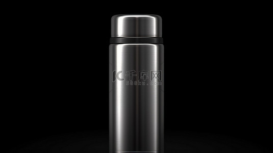 荧光招牌背景图片_黑色背景上不锈钢饮料瓶的逼真 3D 插图