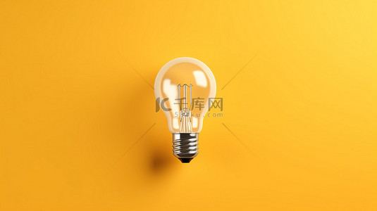 黄色表面上的发光白色灯泡，具有水平方向和文字空间，描绘创新创意 3D 渲染