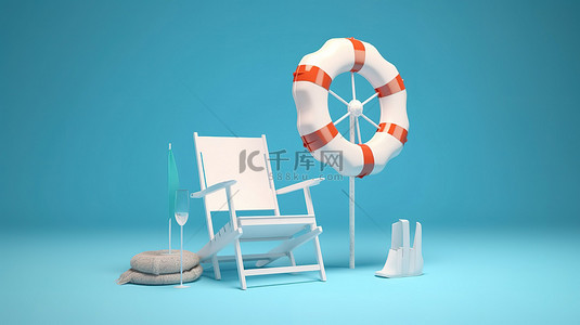 躺椅背景图片_明亮的蓝色背景，带有 3D 渲染的白色和蓝色躺椅伞和救生圈