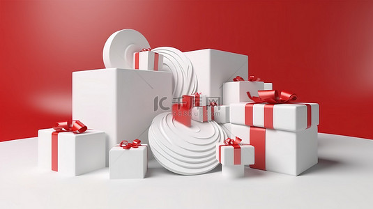 节日装饰 3D 渲染逼真的白色和红色礼品盒