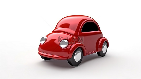 白色背景下红色卡通玩具车的渲染 3D 图像