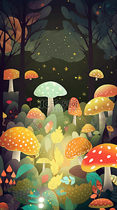 野生菌插画背景图片_彩色的蘑菇森林树卡通背景简单背景