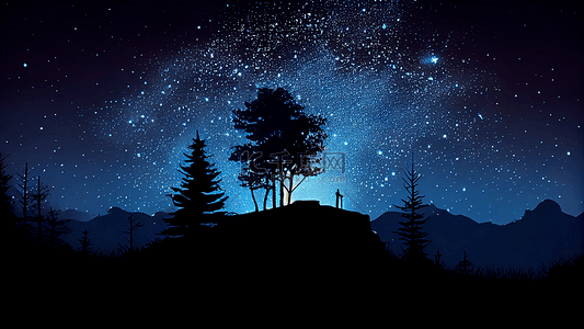 卡通夏夜背景图片_星空夜晚剪影人物背景