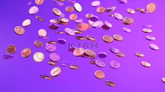 现金返还和储蓄概念 3D 渲染漂浮在紫色背景上的硬币的插图