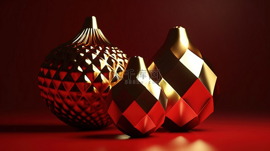 3D 渲染的几何形状的金色灯泡非常适合红色背景的节日圣诞节主题