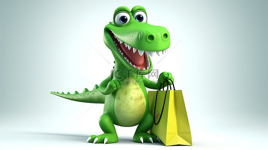 绿色水袋背景图片_有趣的 3D 恐龙，绿色皮肤，提着购物袋