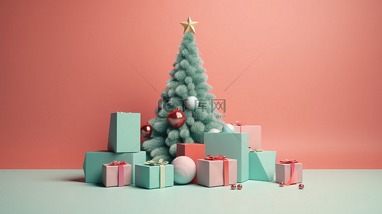 圣诞树和圣诞装饰礼品盒的简约 3D 设计