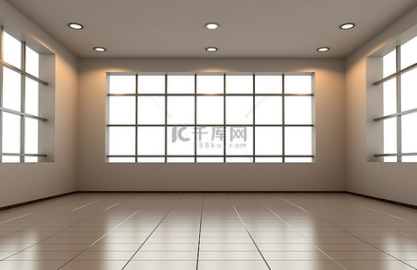 水稻png背景图片_在窗户 3D 渲染的空房间里，墙上有窗户